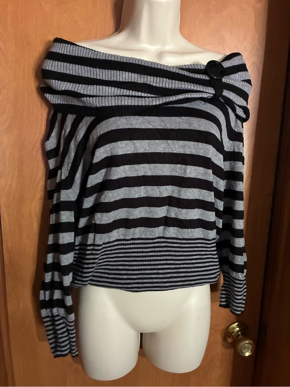 Striped Off-Shoulder Gray and Black Women's Sweater